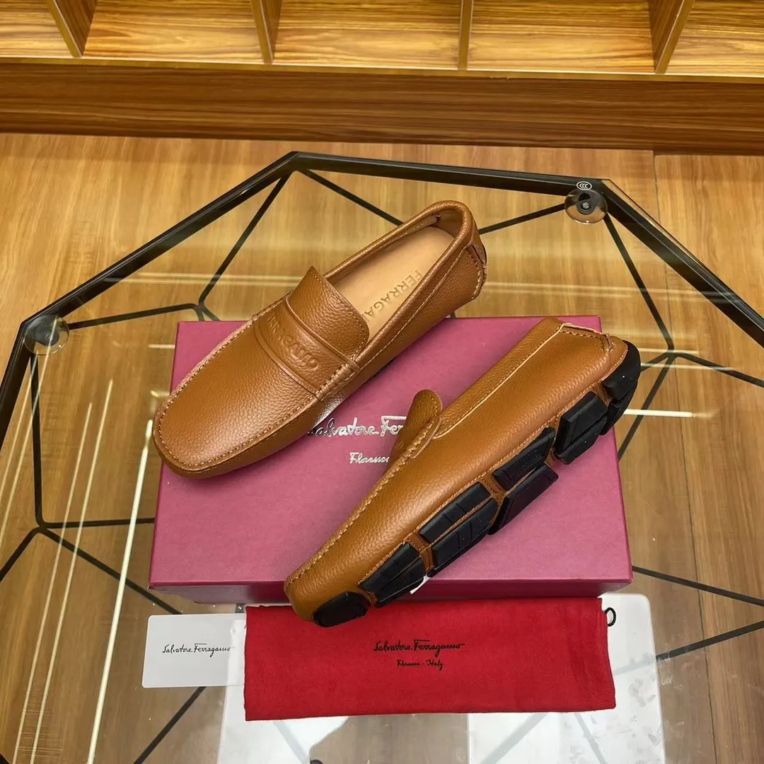 Men's shoes 💰560Ferragamo high-end quality 🔥 light brown pebbled grain ➕ cowhide lining size 38-45